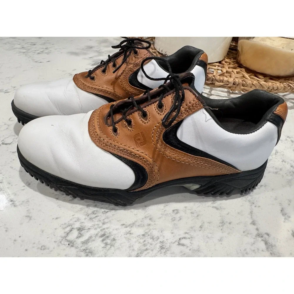 FootJoy Contour Series Mens 9 M Golf Shoes White Brown Leather Spiked 54002
